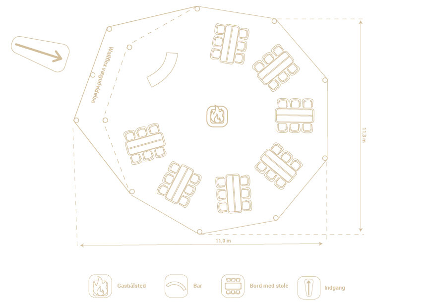 Lej tipi - Stratus tipi plantegning til 42 personer med gasbålsted og bar og 1 stk. Wallflex vægudvidelsespanel